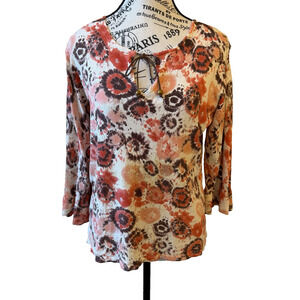 Joseph A Women’s Knit Top Med Orange/Brown Tie Dye Print Ruffled 3/4 Sleeves